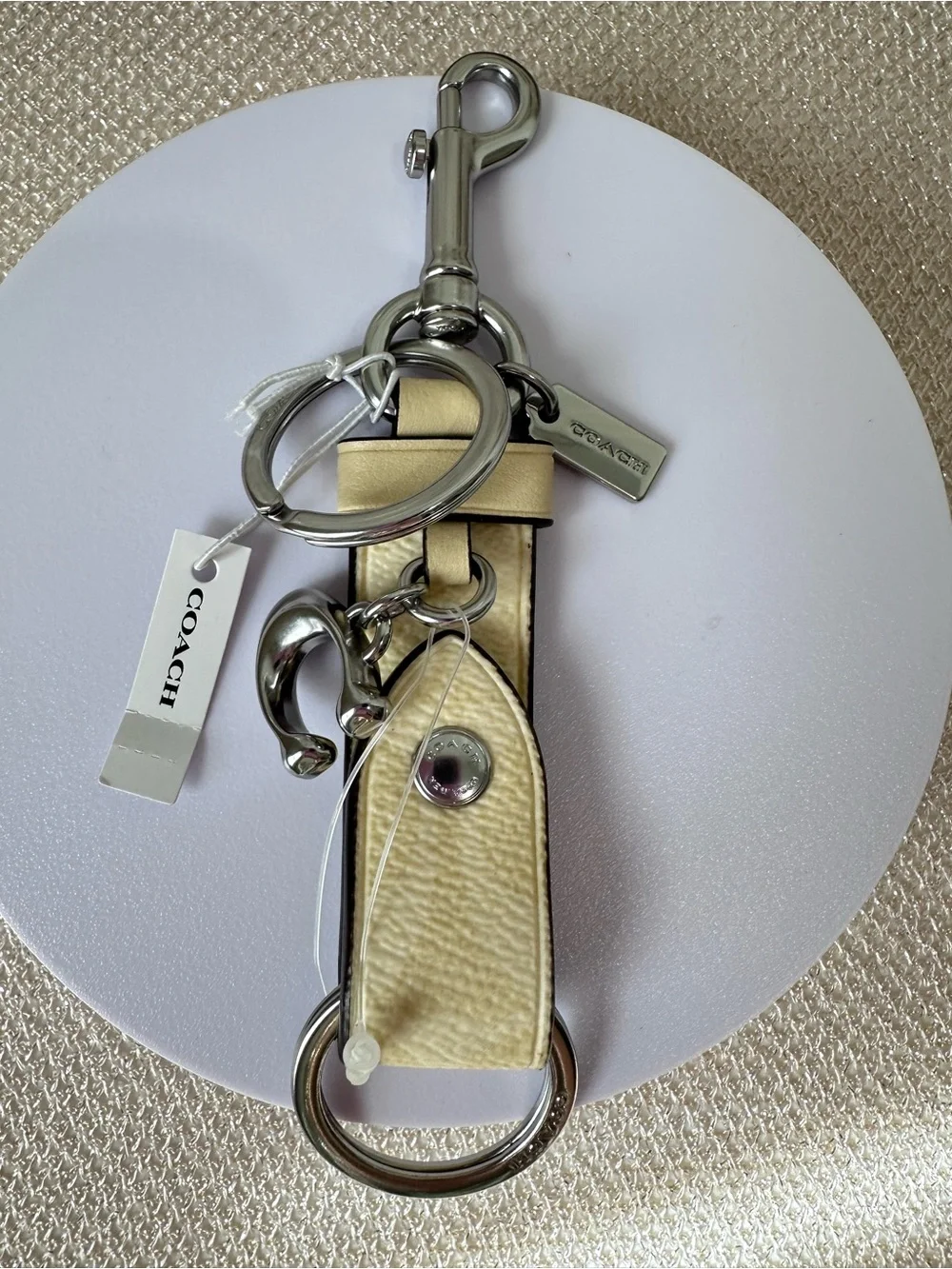Coach Trigger Snap Leather Keychain Bag Charm  in Hay Silver Hardware CAU86